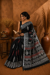 Pure Hand Block Printed Linen Cotton Saree – Rust red and ivory floral butis - Black