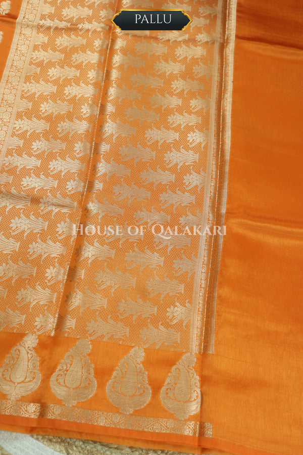Banarasi Orange Raw Mango Silk Saree with Floral Butis & Paisley Zari Pallu