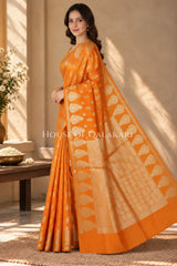 Banarasi Orange Raw Mango Silk Saree with Floral Butis & Paisley Zari Pallu