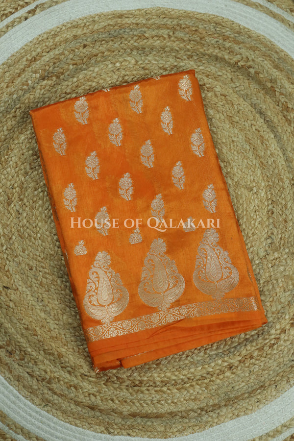 Banarasi Orange Raw Mango Silk Saree with Floral Butis & Paisley Zari Pallu