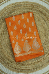 Banarasi Orange Raw Mango Silk Saree with Floral Butis & Paisley Zari Pallu