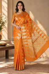 Banarasi Orange Raw Mango Silk Saree with Floral Butis & Paisley Zari Pallu