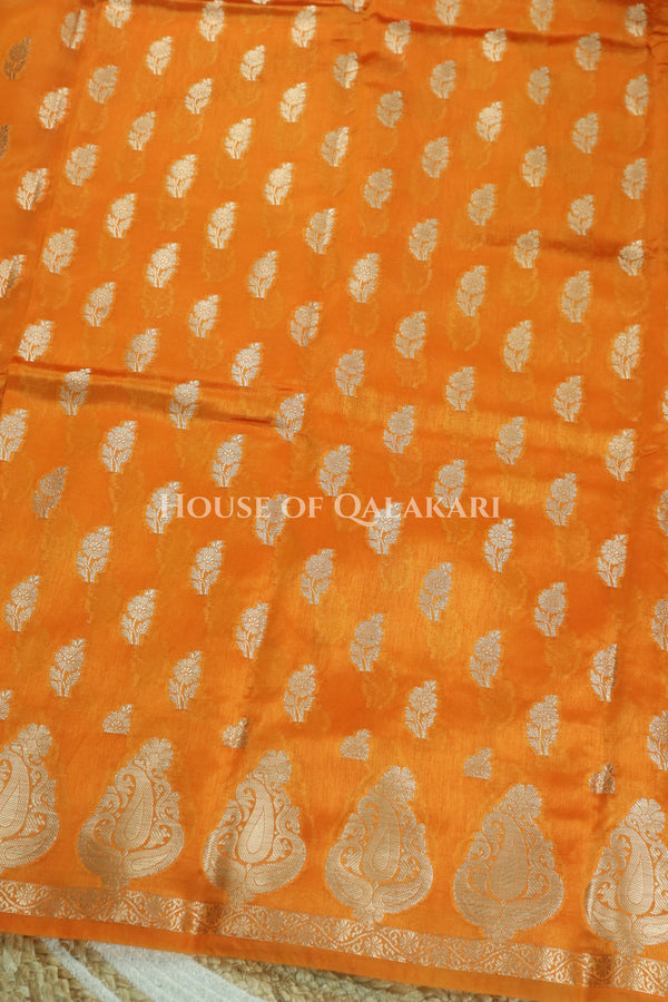 Banarasi Orange Raw Mango Silk Saree with Floral Butis & Paisley Zari Pallu