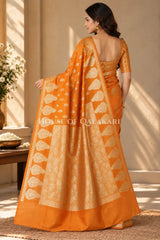Banarasi Orange Raw Mango Silk Saree with Floral Butis & Paisley Zari Pallu