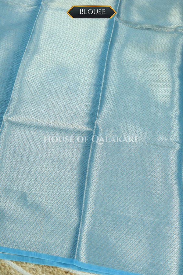 Banarasi Blue Raw Mango Silk Saree with Floral Butis & Paisley Zari Pallu