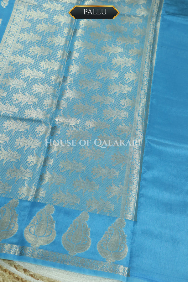 Banarasi Blue Raw Mango Silk Saree with Floral Butis & Paisley Zari Pallu