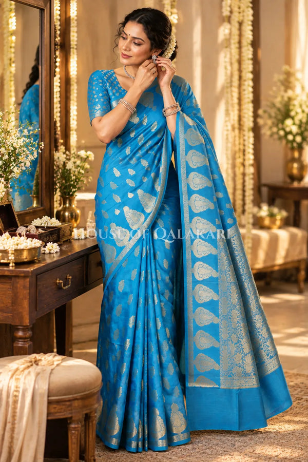 Banarasi Blue Raw Mango Silk Saree with Floral Butis & Paisley Zari Pallu