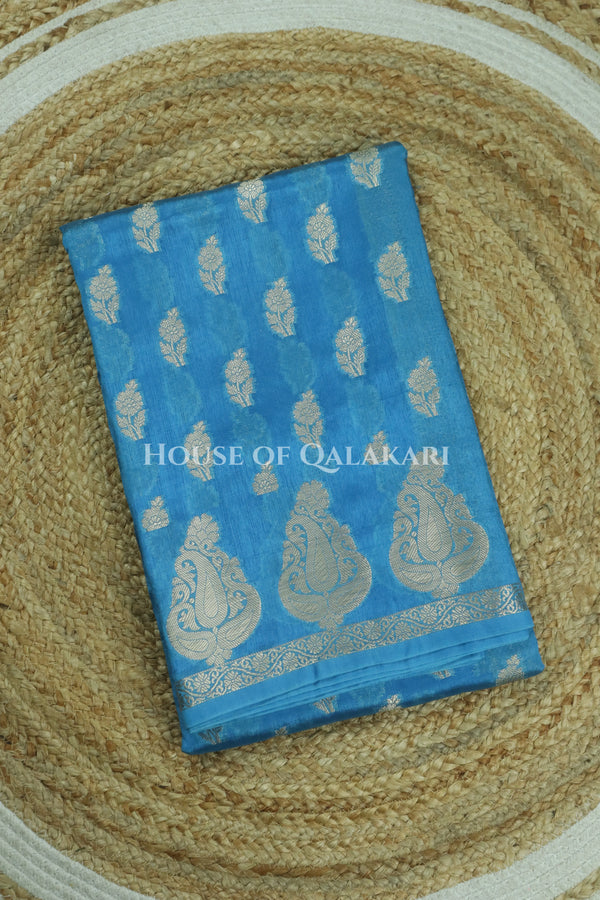 Banarasi Blue Raw Mango Silk Saree with Floral Butis & Paisley Zari Pallu