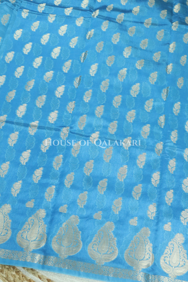 Banarasi Blue Raw Mango Silk Saree with Floral Butis & Paisley Zari Pallu