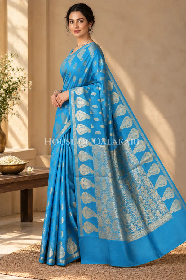 Banarasi Blue Raw Mango Silk Saree with Floral Butis & Paisley Zari Pallu