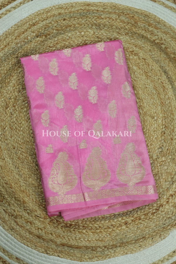 Banarasi Pink Raw Mango Silk Saree with Floral Butis & Paisley Zari Pallu