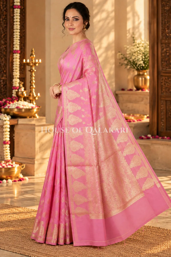 Banarasi Pink Raw Mango Silk Saree with Floral Butis & Paisley Zari Pallu