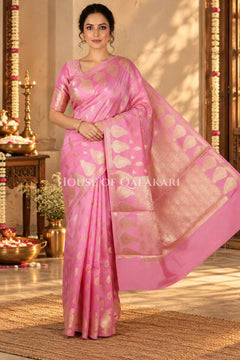 Banarasi Pink Raw Mango Silk Saree with Floral Butis & Paisley Zari Pallu