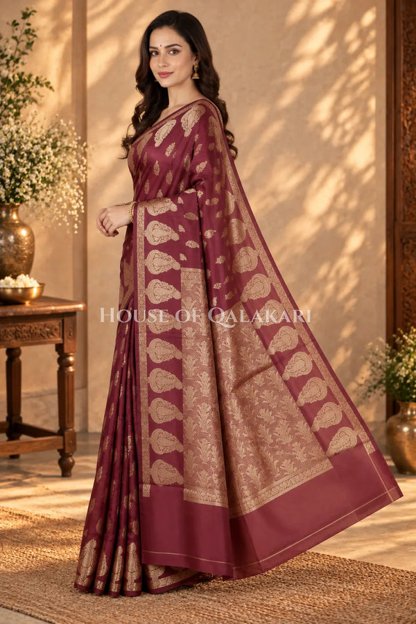 Banarasi Deep Coffee Brown Raw Mango Silk Saree with Floral Butis & Paisley Zari Pallu
