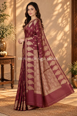 Banarasi Deep Coffee Brown Raw Mango Silk Saree with Floral Butis & Paisley Zari Pallu