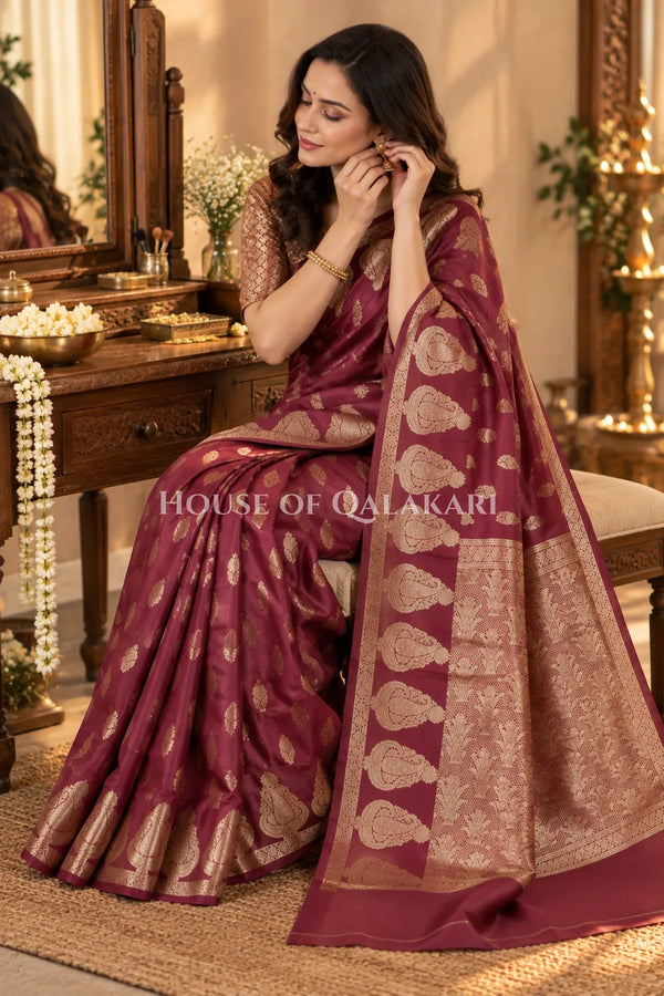 Banarasi Deep Coffee Brown Raw Mango Silk Saree with Floral Butis & Paisley Zari Pallu