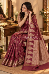 Banarasi Deep Coffee Brown Raw Mango Silk Saree with Floral Butis & Paisley Zari Pallu