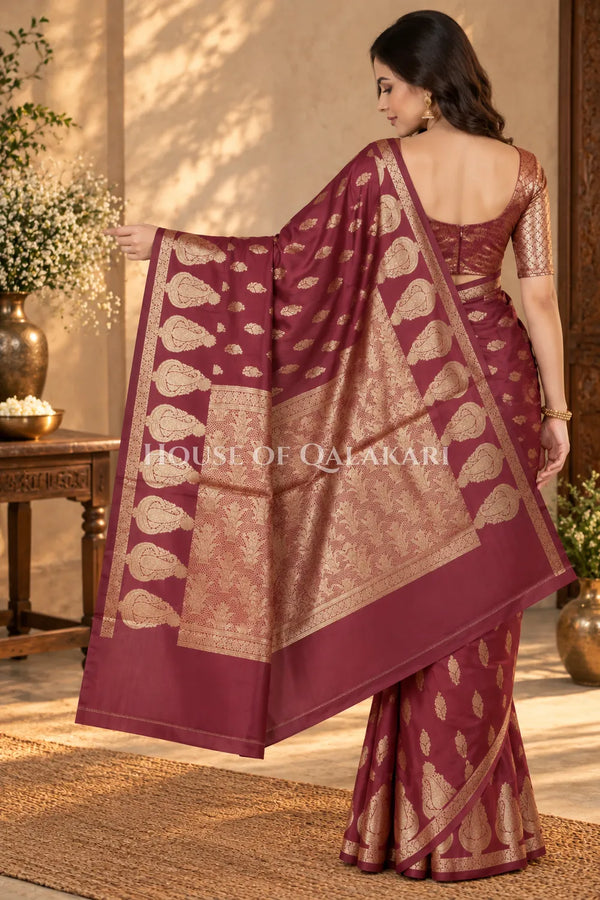 Banarasi Deep Coffee Brown Raw Mango Silk Saree with Floral Butis & Paisley Zari Pallu