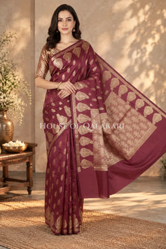 Banarasi Deep Coffee Brown Raw Mango Silk Saree with Floral Butis & Paisley Zari Pallu