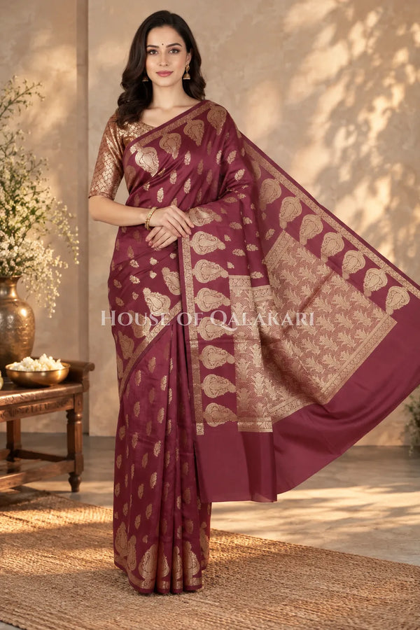 Banarasi Deep Coffee Brown Raw Mango Silk Saree with Floral Butis & Paisley Zari Pallu