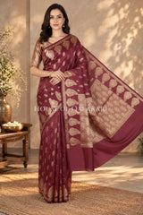 Banarasi Deep Coffee Brown Raw Mango Silk Saree with Floral Butis & Paisley Zari Pallu