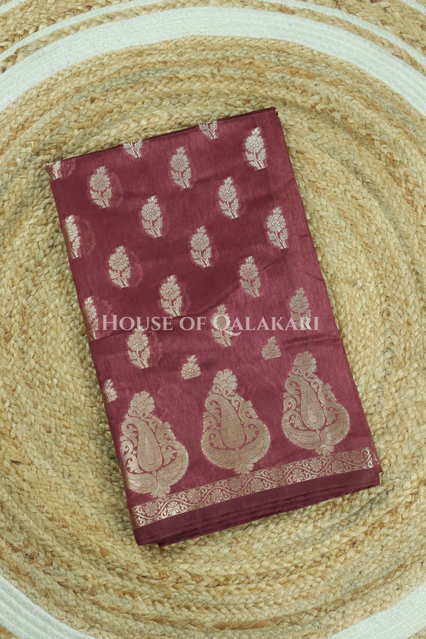 Banarasi Deep Coffee Brown Raw Mango Silk Saree with Floral Butis & Paisley Zari Pallu