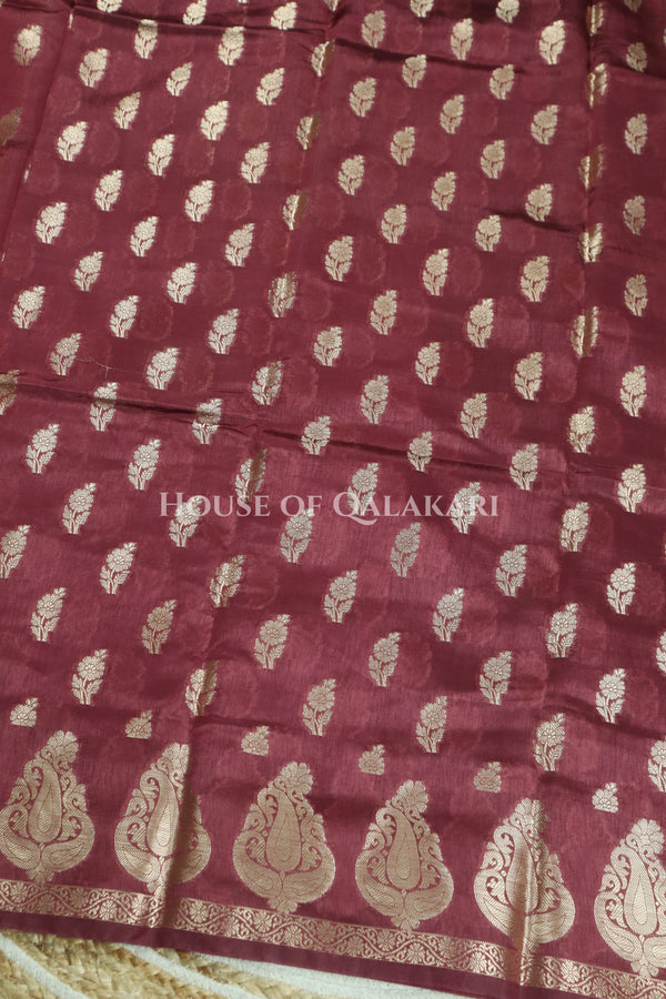 Banarasi Deep Coffee Brown Raw Mango Silk Saree with Floral Butis & Paisley Zari Pallu