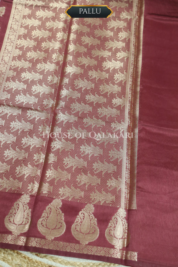 Banarasi Deep Coffee Brown Raw Mango Silk Saree with Floral Butis & Paisley Zari Pallu