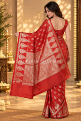 Banarasi Red Raw Mango Silk Saree with Floral Butis & Paisley Zari Pallu