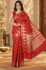 Banarasi Red Raw Mango Silk Saree with Floral Butis & Paisley Zari Pallu