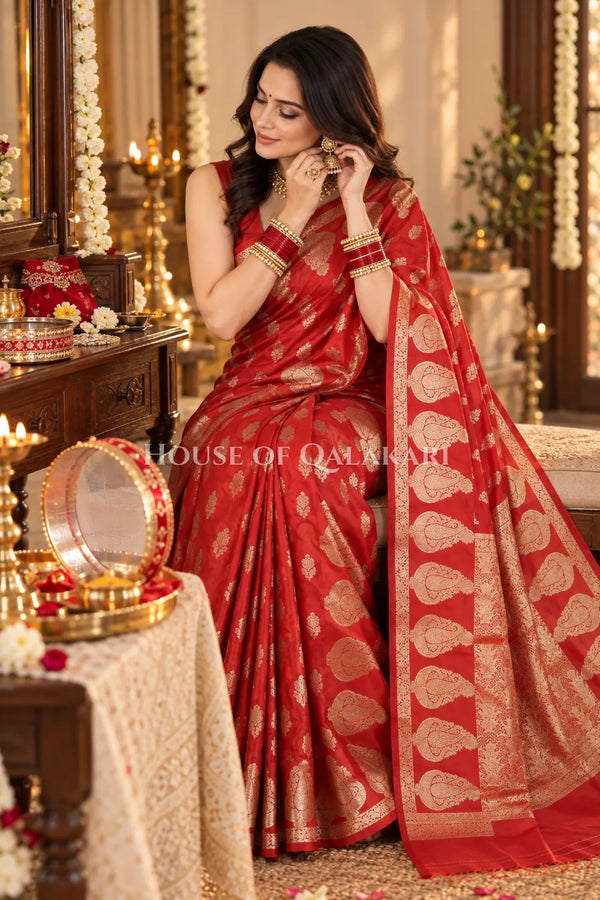 Banarasi Red Raw Mango Silk Saree with Floral Butis & Paisley Zari Pallu