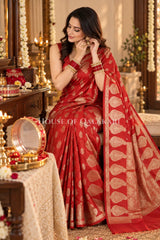 Banarasi Red Raw Mango Silk Saree with Floral Butis & Paisley Zari Pallu