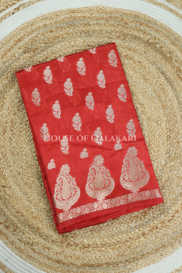 Banarasi Red Raw Mango Silk Saree with Floral Butis & Paisley Zari Pallu