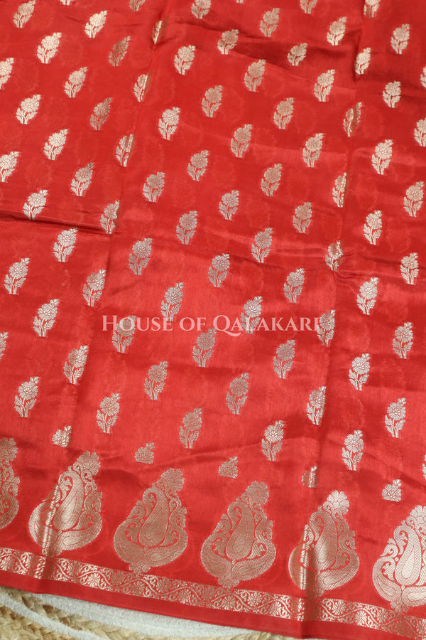 Banarasi Red Raw Mango Silk Saree with Floral Butis & Paisley Zari Pallu