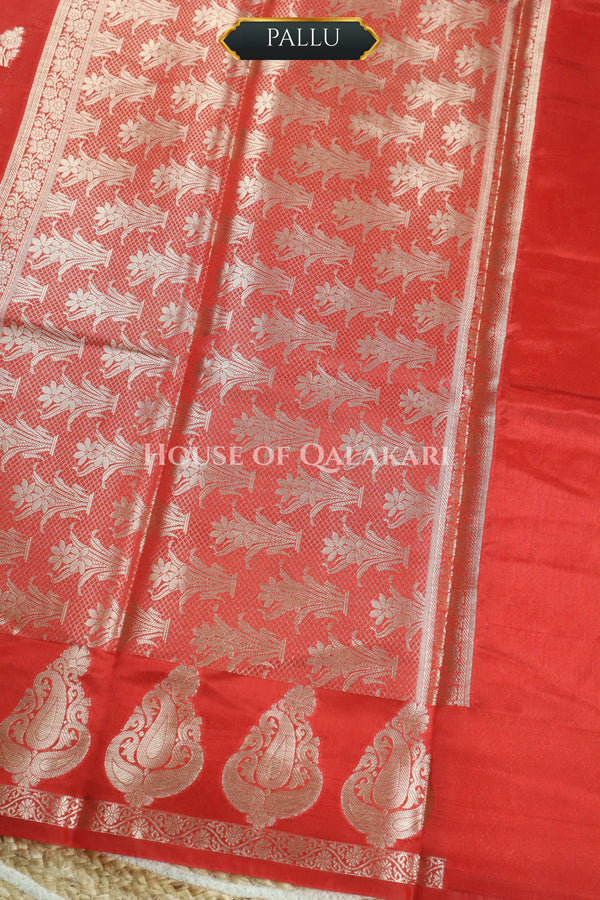 Banarasi Red Raw Mango Silk Saree with Floral Butis & Paisley Zari Pallu