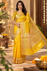 Banarasi Raw Mango Silk Saree in Yellow with Plain Body & Floral Zari Border & Pallu