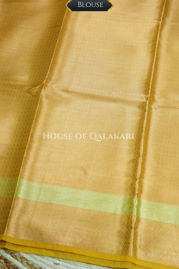 Banarasi Raw Mango Silk Saree in Yellow with Plain Body & Floral Zari Border & Pallu