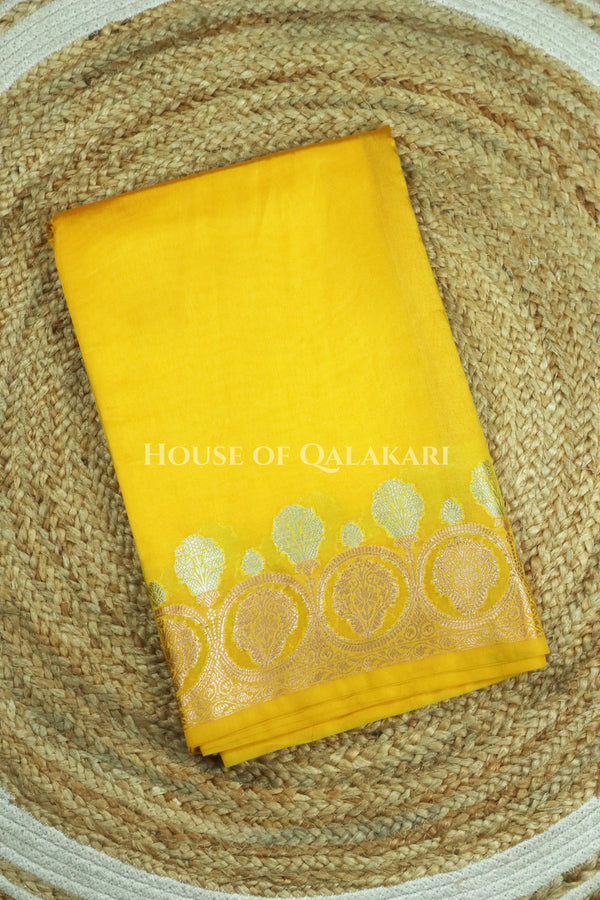 Banarasi Raw Mango Silk Saree in Yellow with Plain Body & Floral Zari Border & Pallu