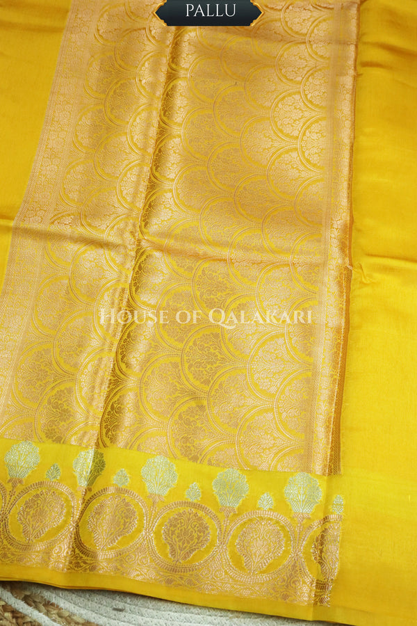 Banarasi Raw Mango Silk Saree in Yellow with Plain Body & Floral Zari Border & Pallu
