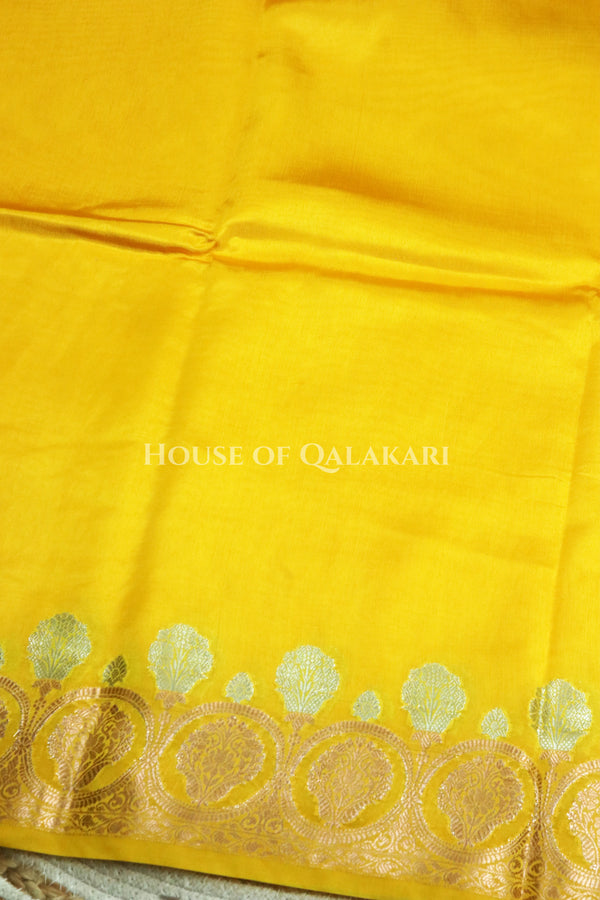 Banarasi Raw Mango Silk Saree in Yellow with Plain Body & Floral Zari Border & Pallu