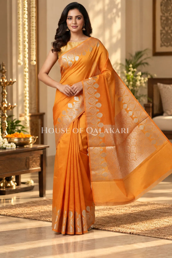 Banarasi Raw Mango Silk Saree in Orange with Plain Body & Floral Zari Border & Pallu