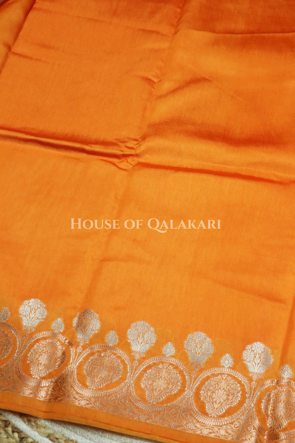 Banarasi Raw Mango Silk Saree in Orange with Plain Body & Floral Zari Border & Pallu