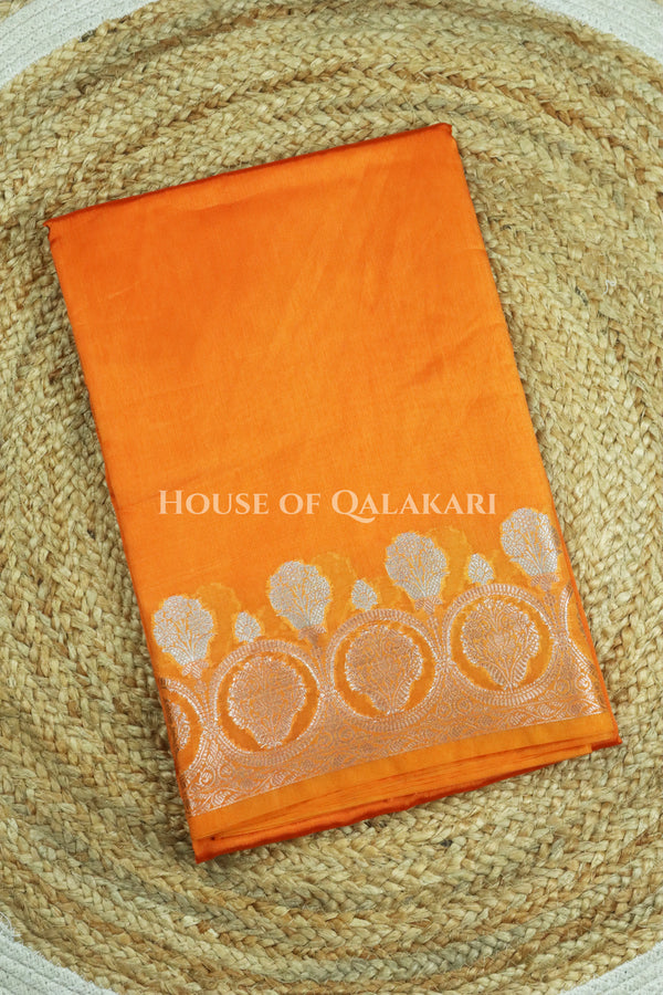 Banarasi Raw Mango Silk Saree in Orange with Plain Body & Floral Zari Border & Pallu