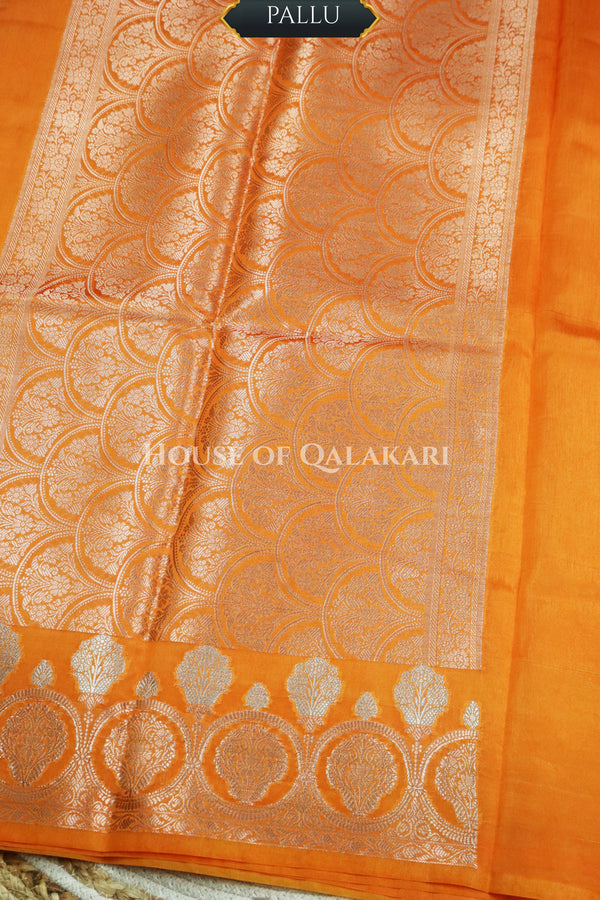 Banarasi Raw Mango Silk Saree in Orange with Plain Body & Floral Zari Border & Pallu