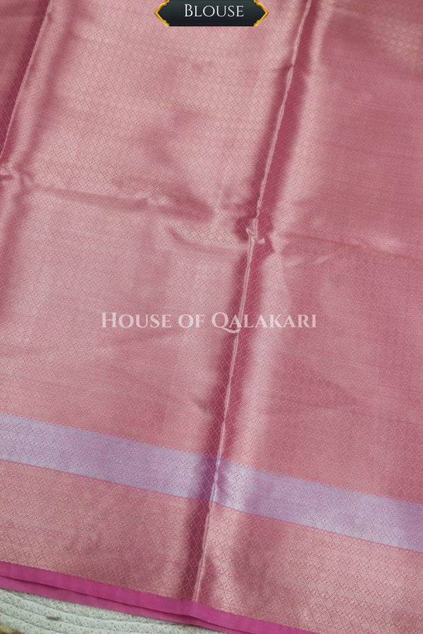 Banarasi Raw Mango Silk Saree in Soft Pink with Plain Body & Floral Zari Border & Pallu