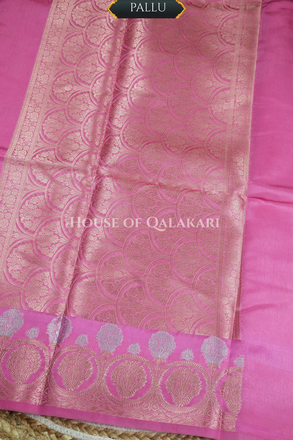 Banarasi Raw Mango Silk Saree in Soft Pink with Plain Body & Floral Zari Border & Pallu