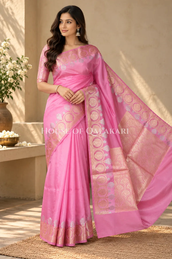Banarasi Raw Mango Silk Saree in Soft Pink with Plain Body & Floral Zari Border & Pallu
