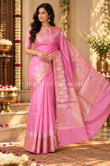 Banarasi Raw Mango Silk Saree in Soft Pink with Plain Body & Floral Zari Border & Pallu