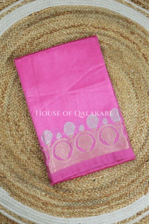 Banarasi Raw Mango Silk Saree in Soft Pink with Plain Body & Floral Zari Border & Pallu