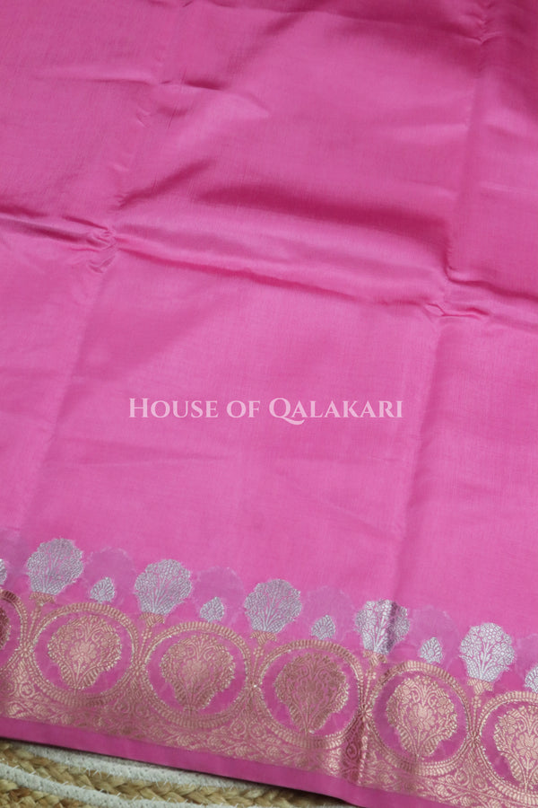 Banarasi Raw Mango Silk Saree in Soft Pink with Plain Body & Floral Zari Border & Pallu